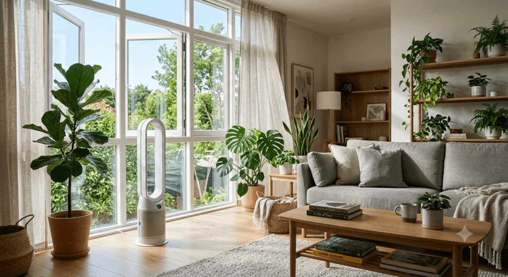 A modern living room filled with natural light,