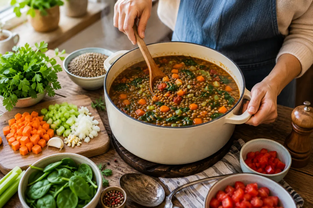 Homemade lentil vegetable soup cooking in a Dutch oven with fresh vegetables.