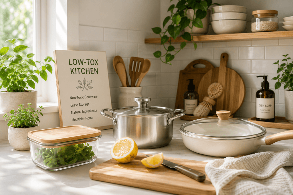 Low-tox kitchen with stainless steel cookware and glass food storage containers.
