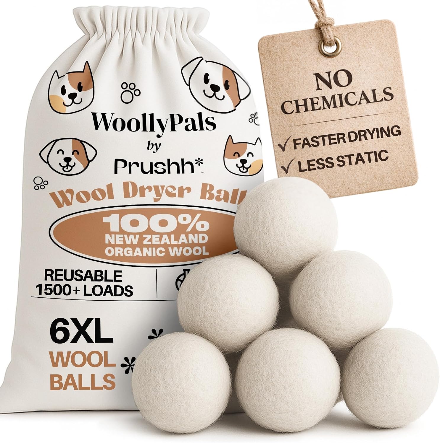 WoollyPals XL Wool Dryer Balls (6-Pack)