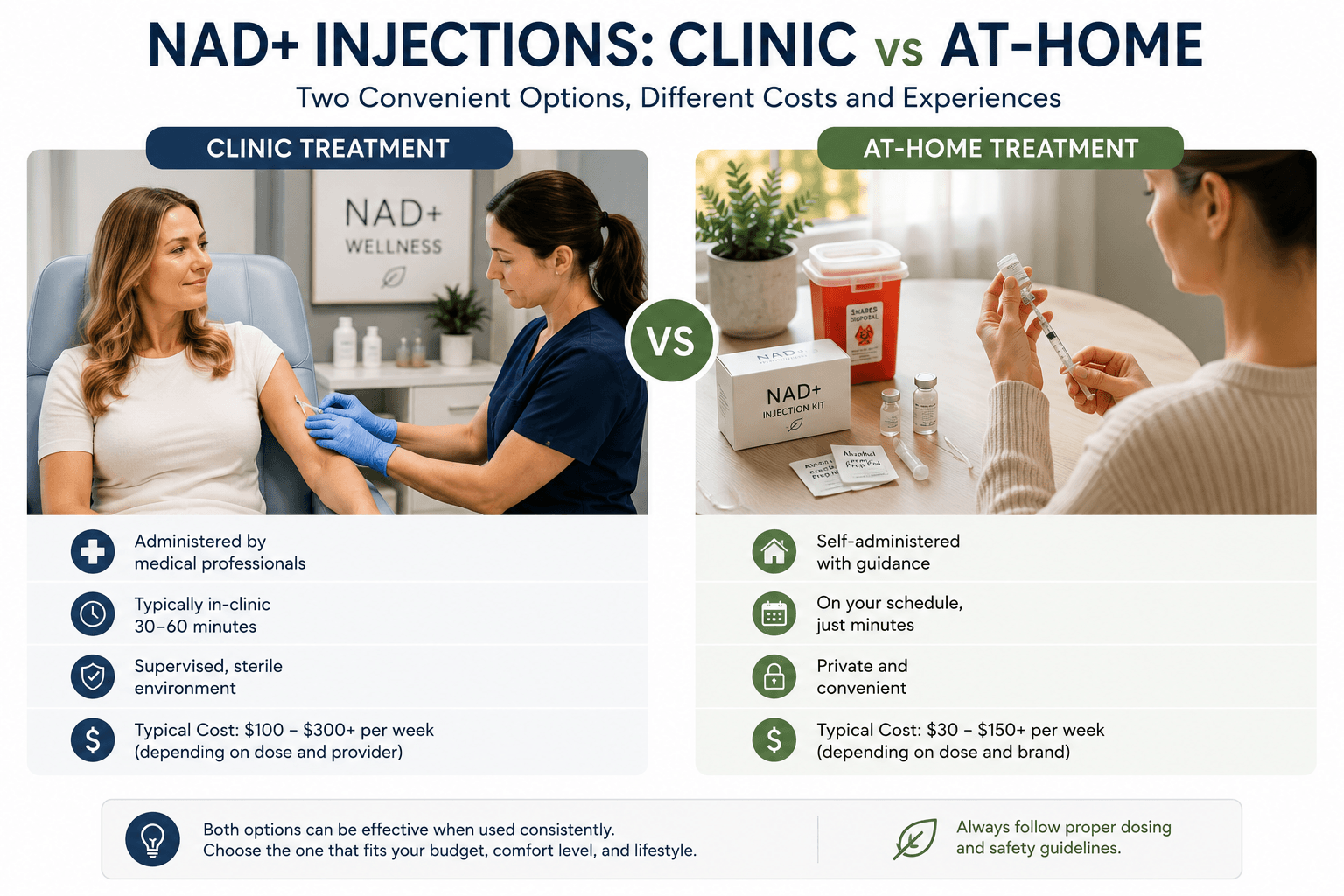 NAD injections comparison showing clinic treatment versus at-home treatment, including supervision, convenience, and typical cost differences