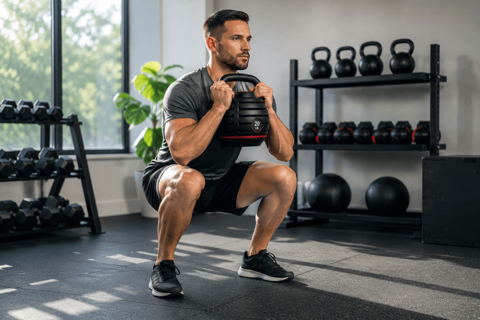 Person performing a goblet squat with an adjustable kettlebell