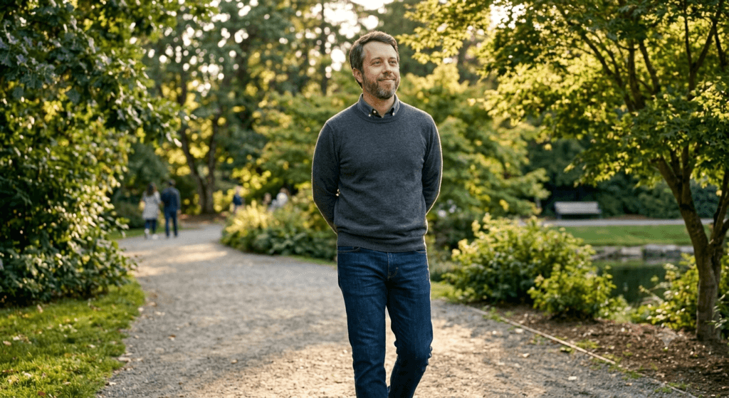 Middle-aged man taking a gentle walk outdoors after eating to support digestion naturally.
