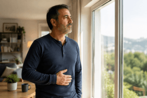 Man reflecting on living with IBS and colonic inertia after a 20-year journey with slow transit constipation.