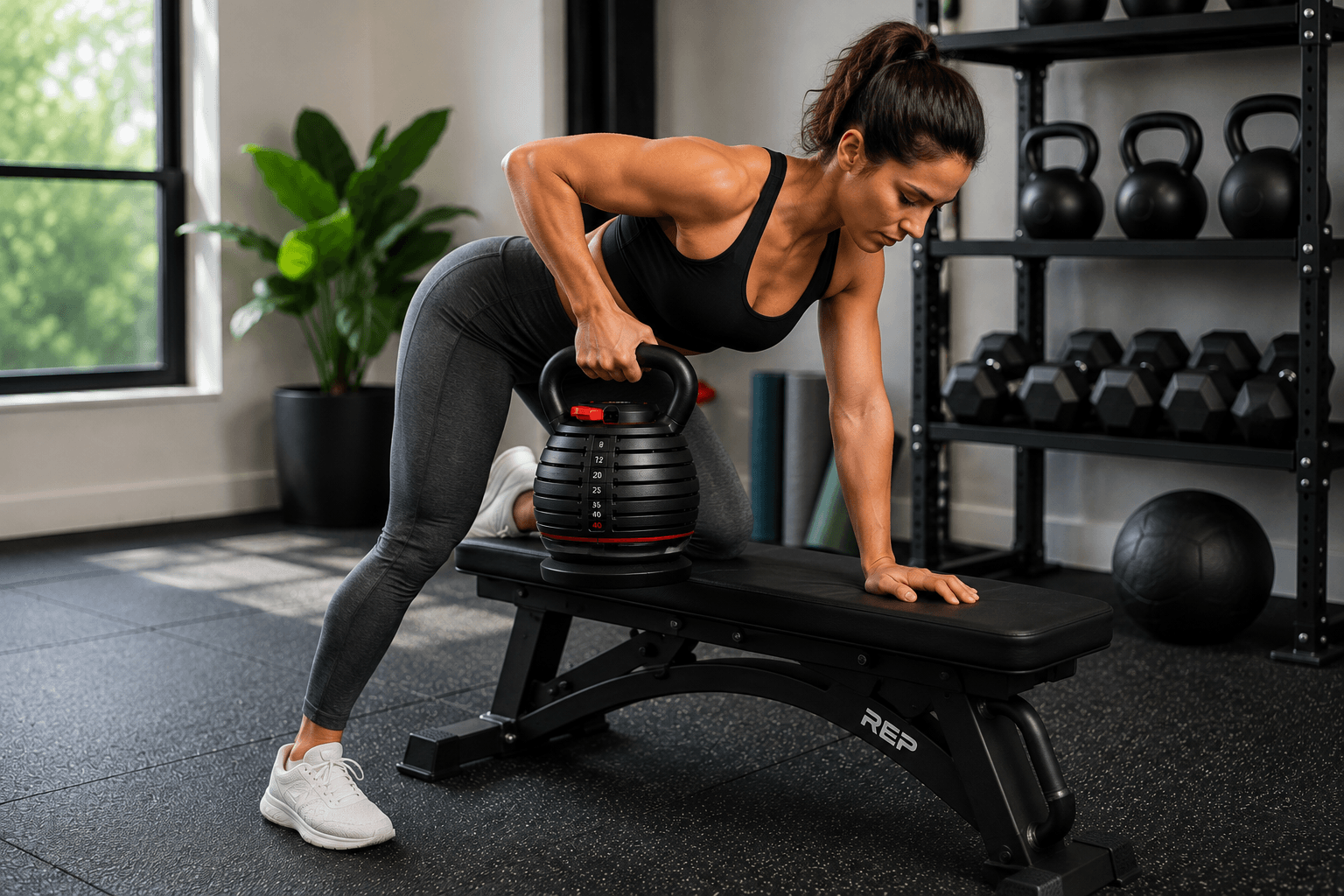 Woman performing a kettlebell row with an adjustable kettlebell