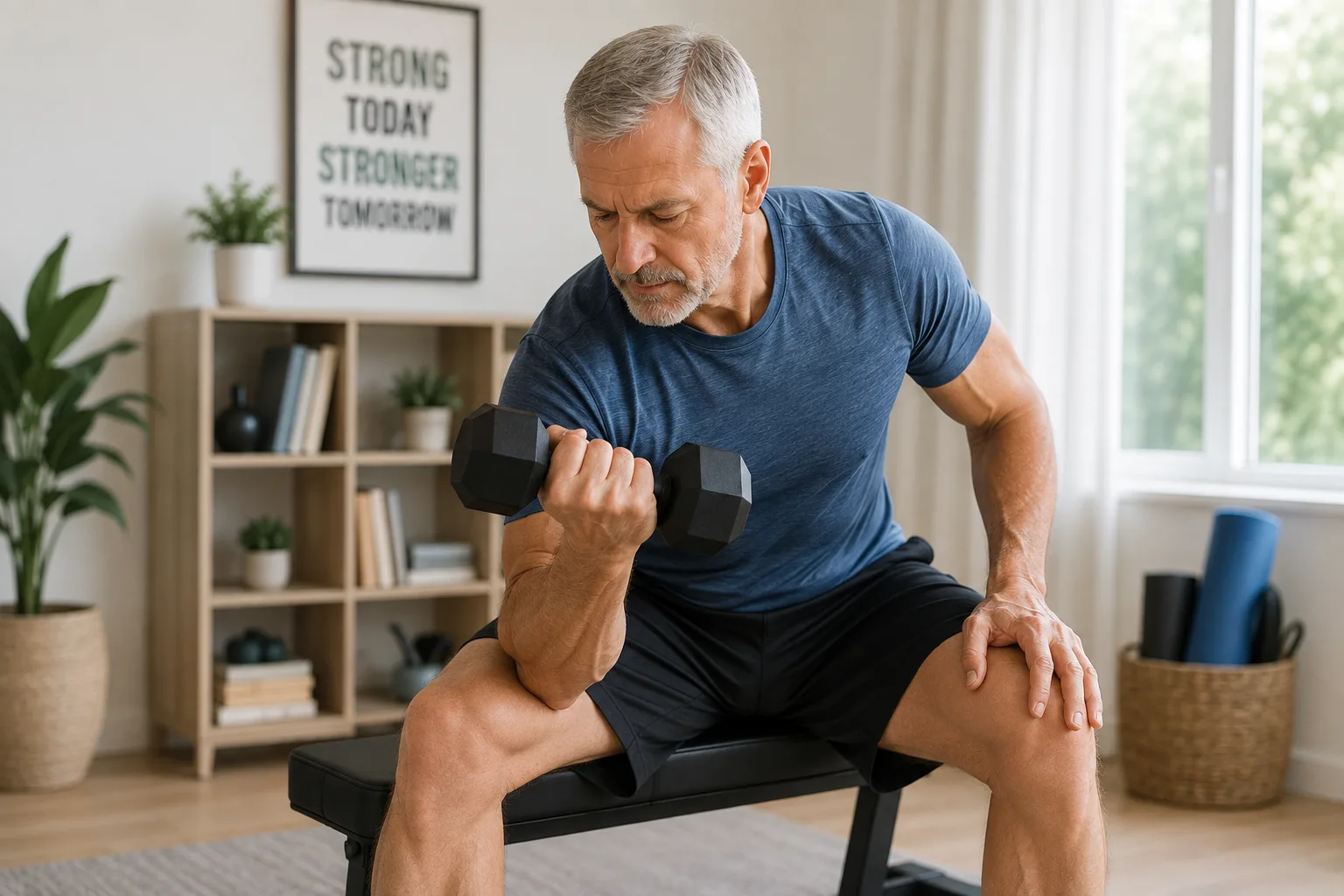Adult over 50 performing a controlled resistance-band exercise at home to maintain muscle strength.