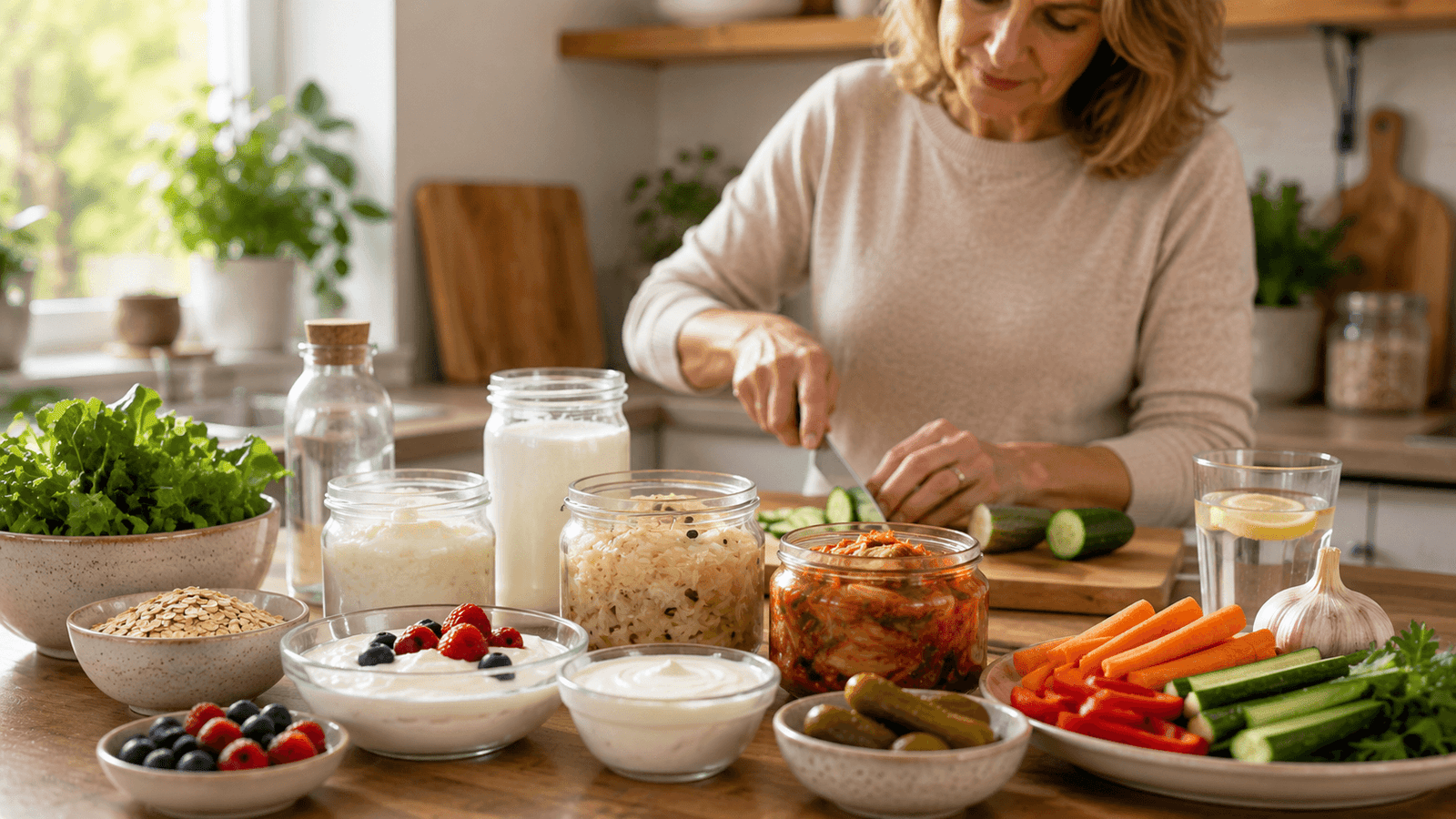 Fermented foods including yogurt, kefir, sauerkraut, and kimchi with fiber-rich foods for gut health.
