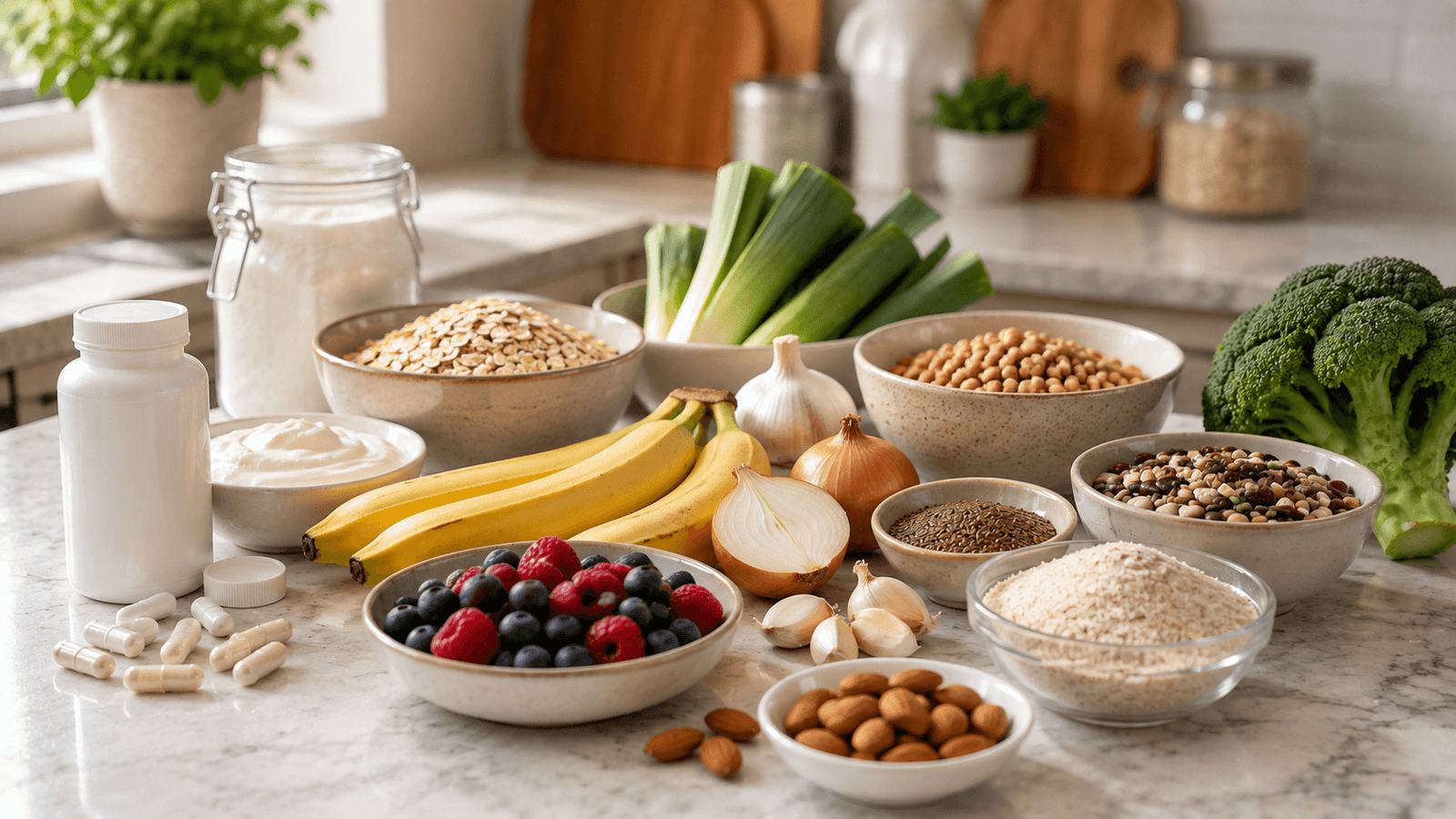 Probiotic capsules beside prebiotic and fiber-rich foods including oats, bananas, onions, legumes, and berries.