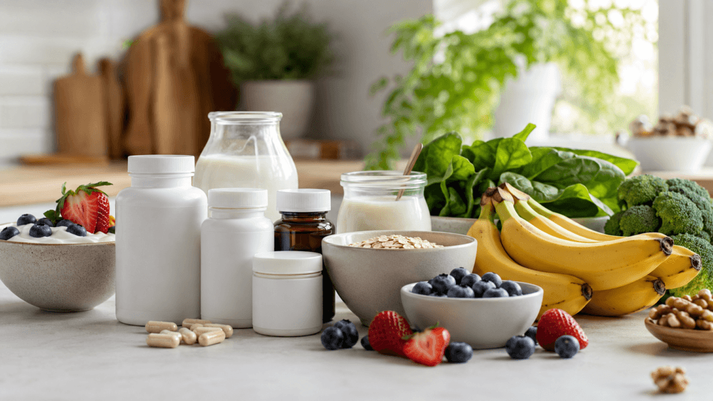 Probiotic supplements with yogurt, kefir, berries, oats, and fiber-rich foods on a bright kitchen counter.