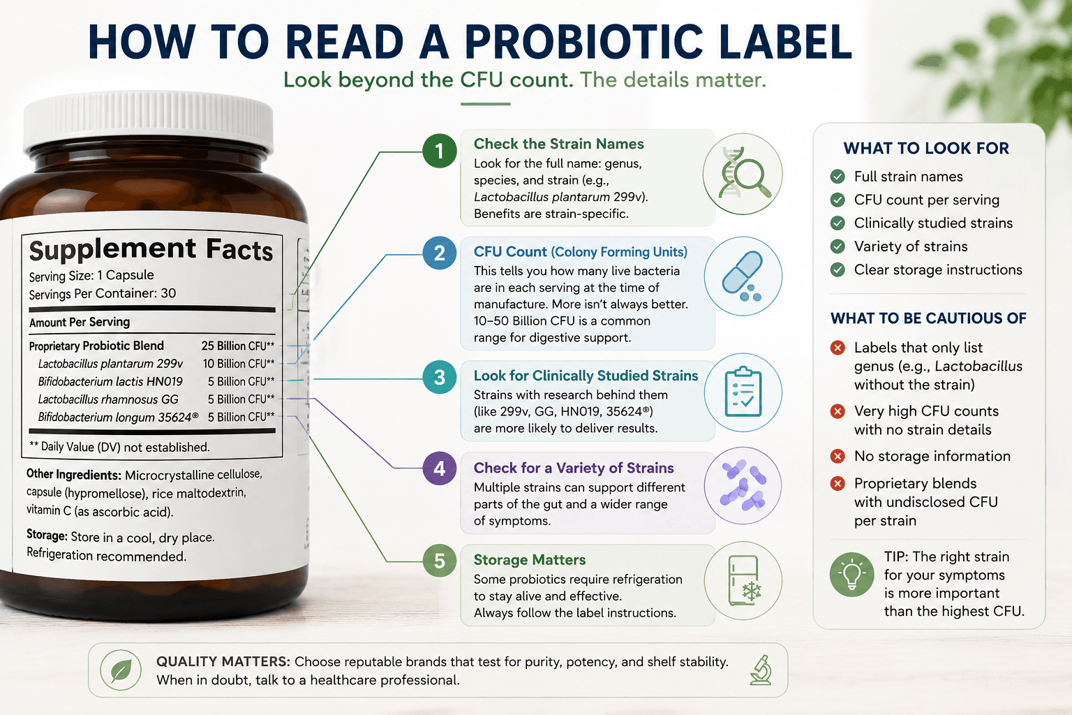 How to read a probiotic label for strain names, CFU count, clinically studied strains, and storage instructions