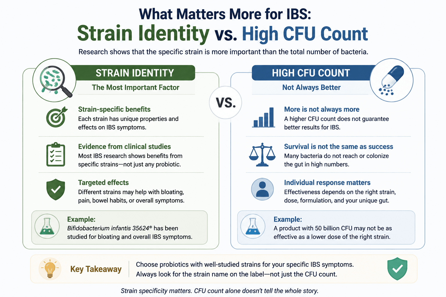 Probiotic strain identity versus high CFU count for IBS