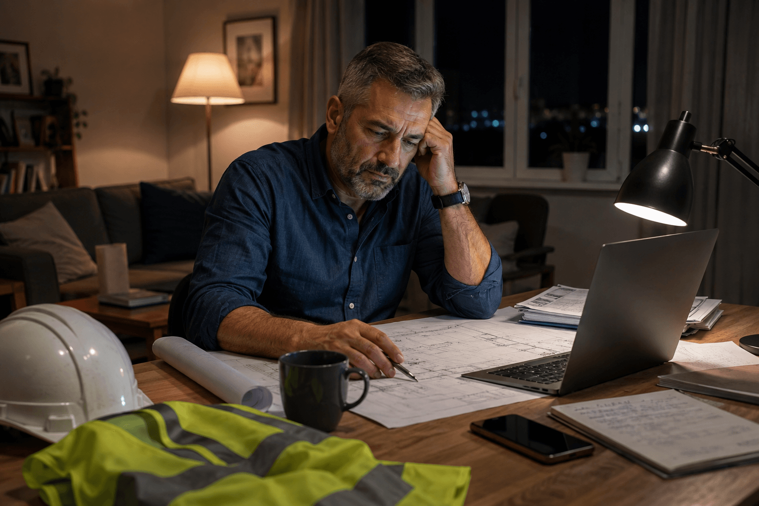 Construction manager struggling to switch off from work while reviewing project plans at home