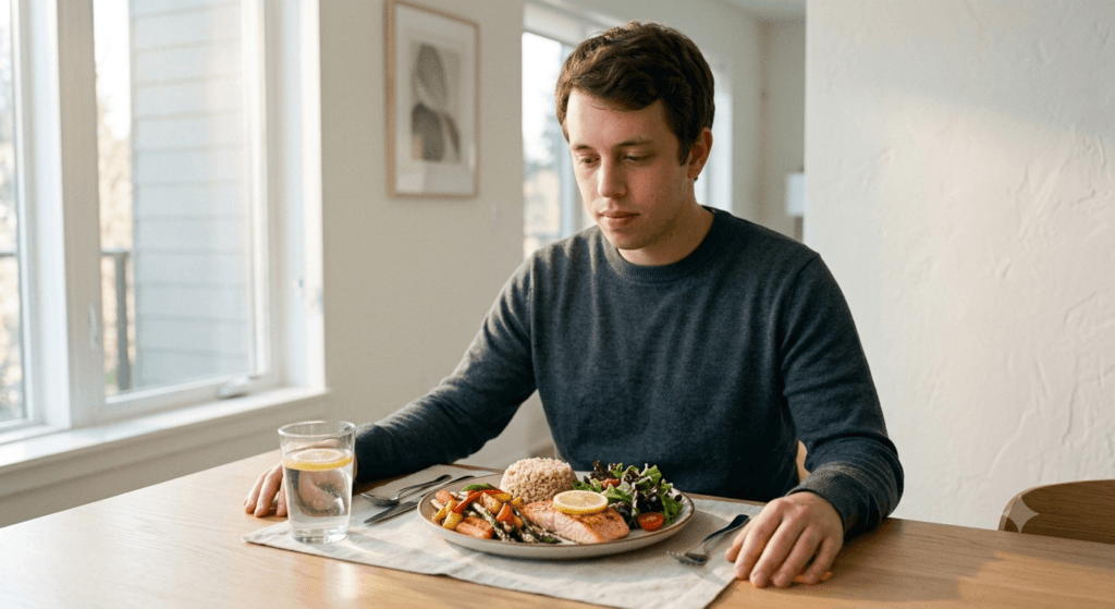 Healthy meal on a dining table as someone thoughtfully prepares to eat while managing IBS symptoms.