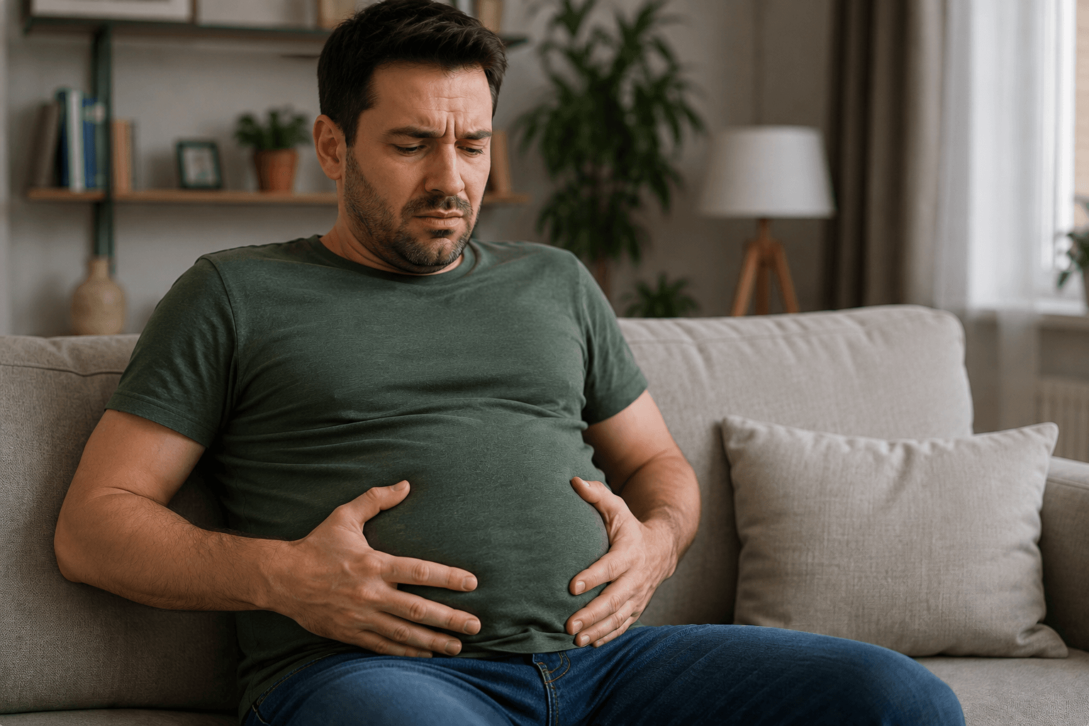 Adult man experiencing stomach bloating and abdominal discomfort, one of the common signs of poor gut health.