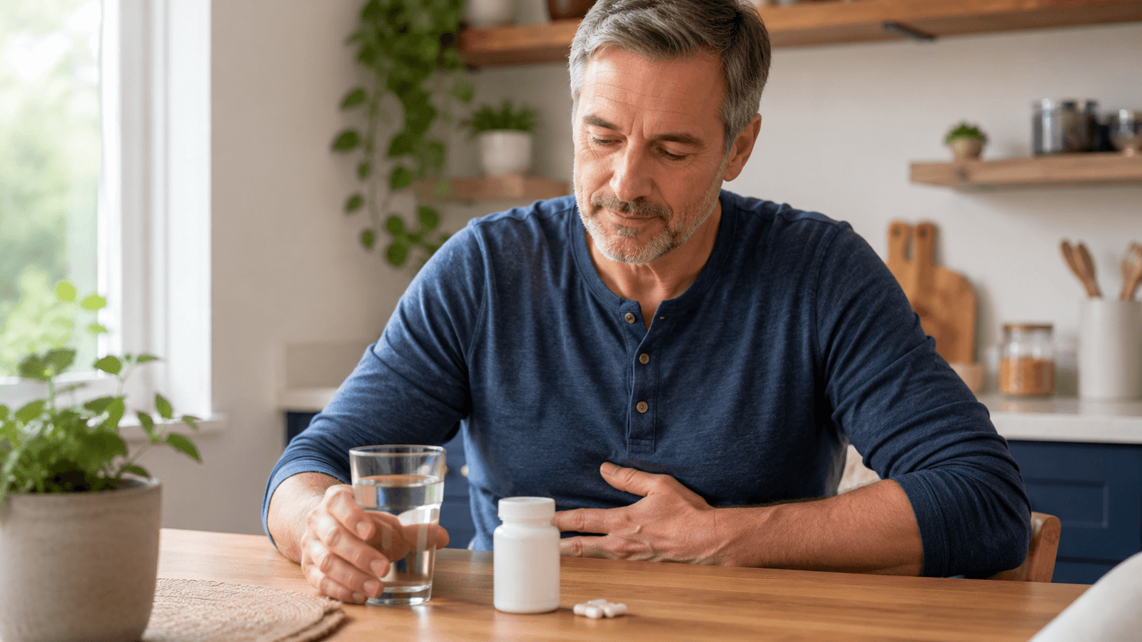 Adult experiencing mild digestive bloating after starting a probiotic supplement.