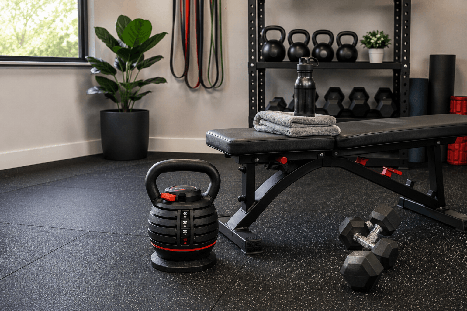 Space-saving adjustable kettlebell in a home gym
