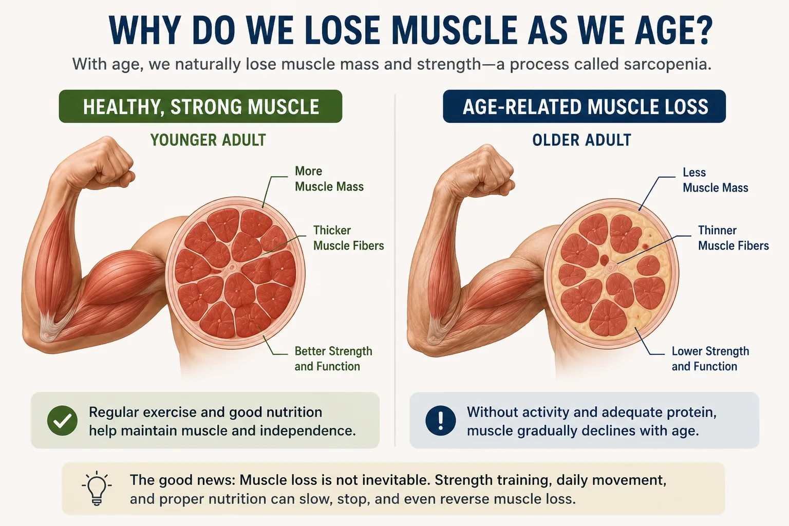 Educational comparison of healthy strong muscle and reduced age-related muscle, illustrating how muscle can decline with aging.