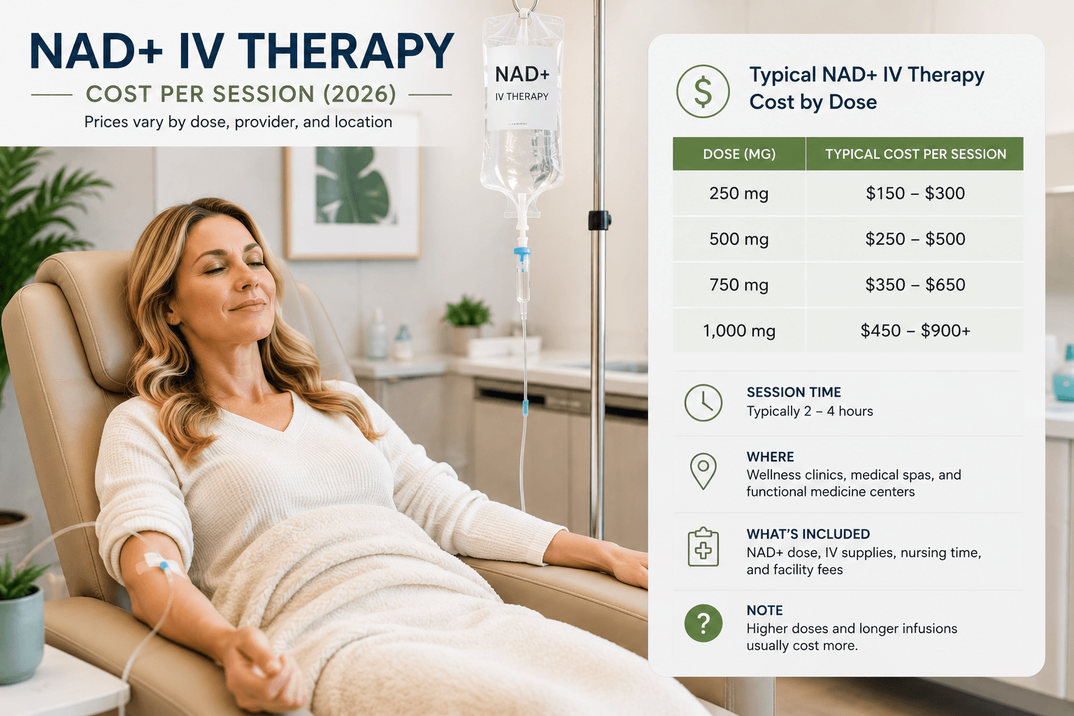 NAD IV therapy cost by dose showing 250 mg to 1,000 mg session price ranges and typical infusion time