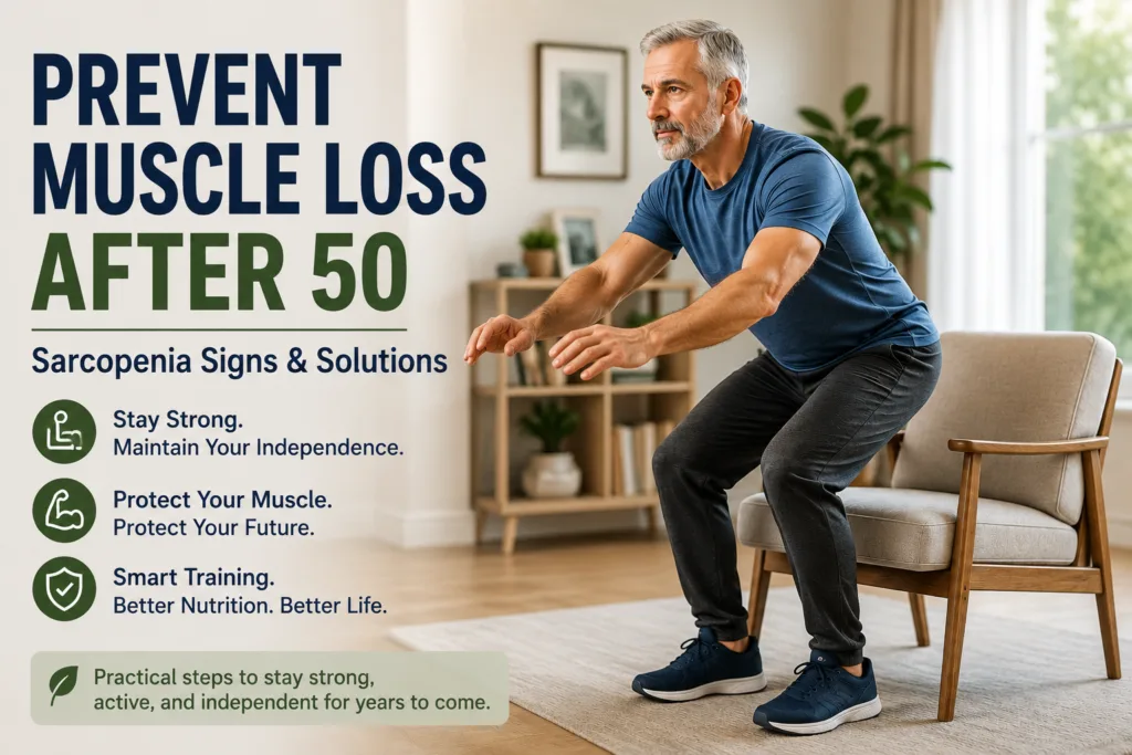 Older adult man rising from a chair to demonstrate leg strength and functional muscle health after 50.