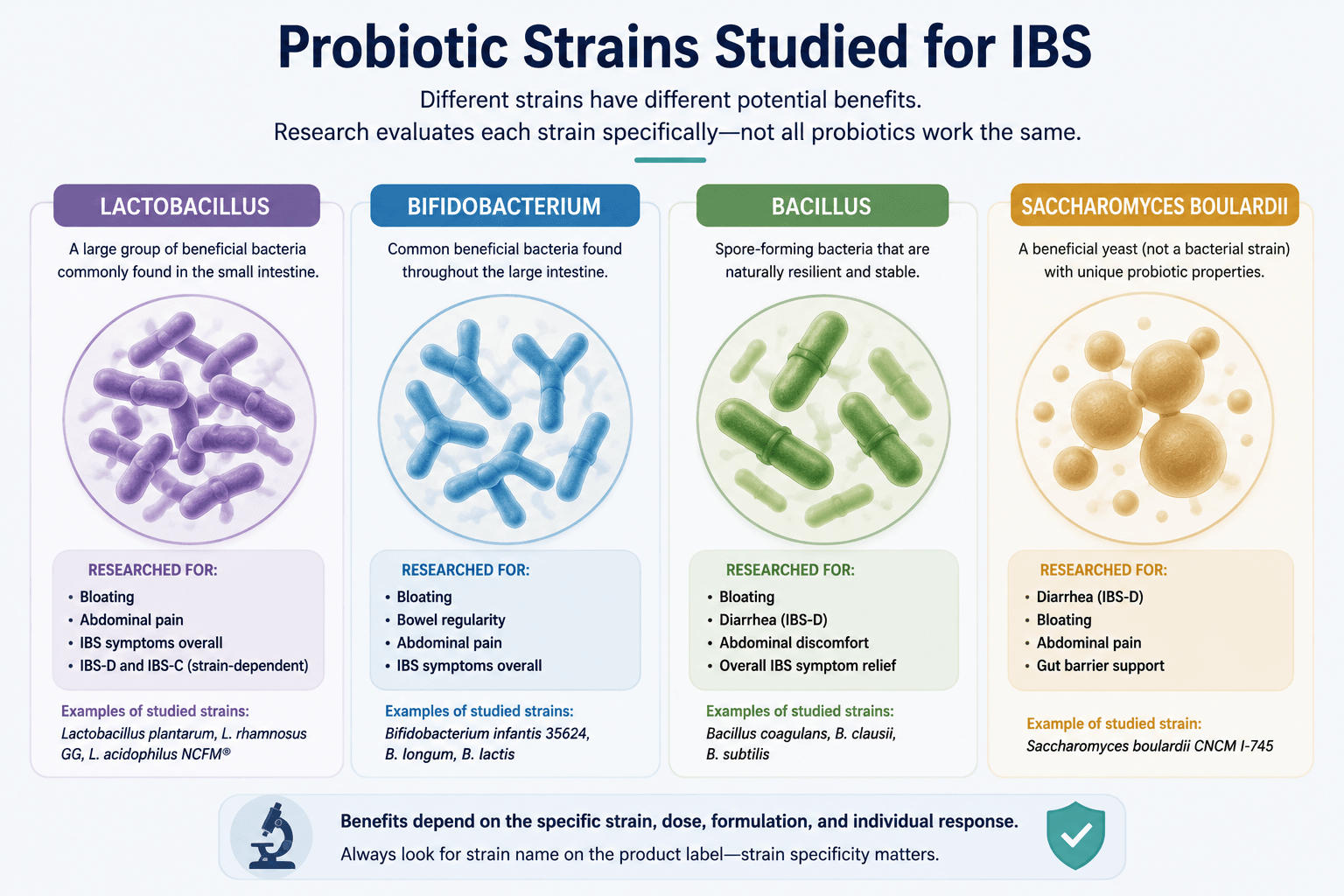 Probiotic strains studied for IBS symptoms