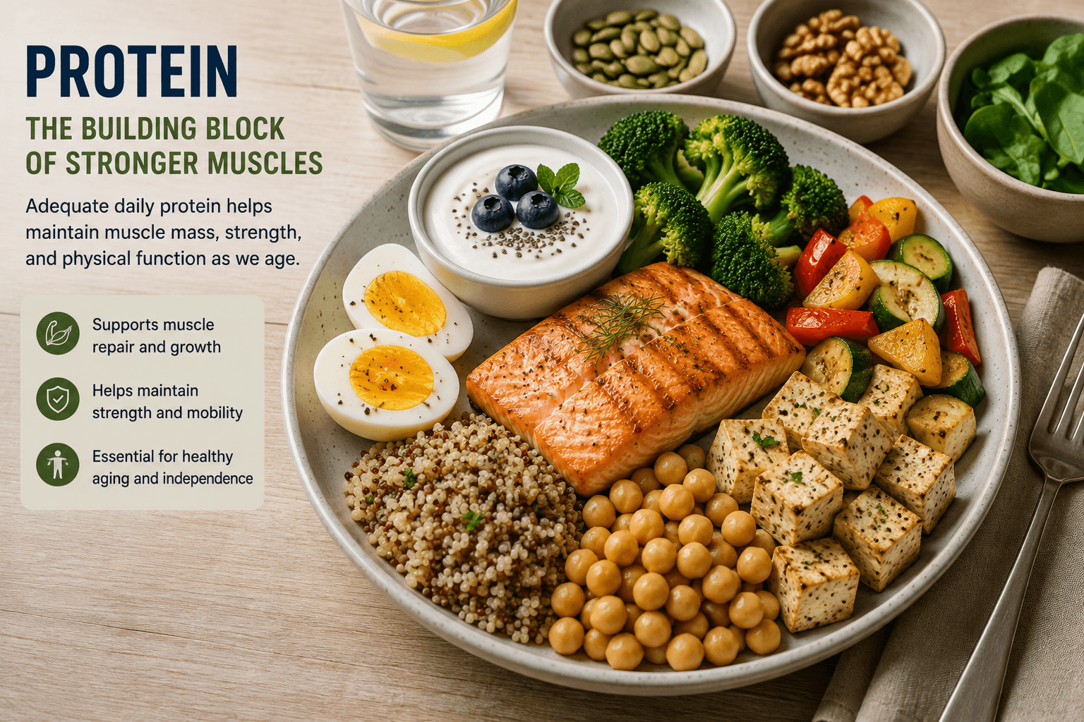 Balanced plate with protein-rich foods that support muscle maintenance and recovery after 50.
