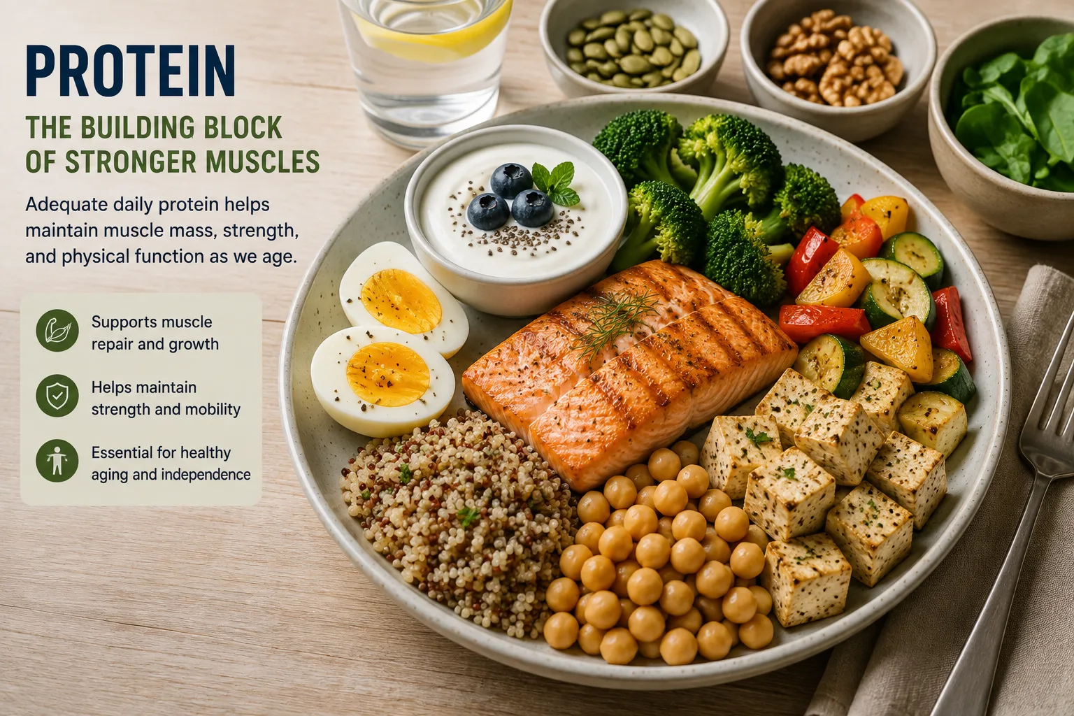 Balanced plate with protein-rich foods that support muscle maintenance and recovery after 50.