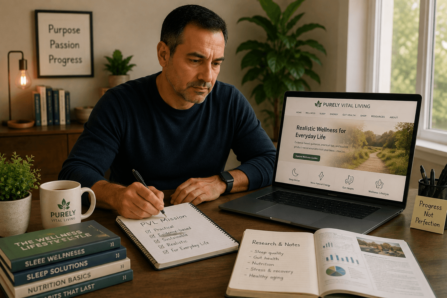Founder working on Purely Vital Living wellness research and content