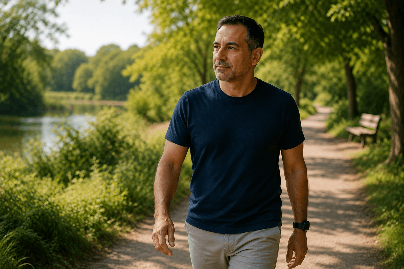 Middle-aged man following a realistic wellness lifestyle through everyday healthy habits