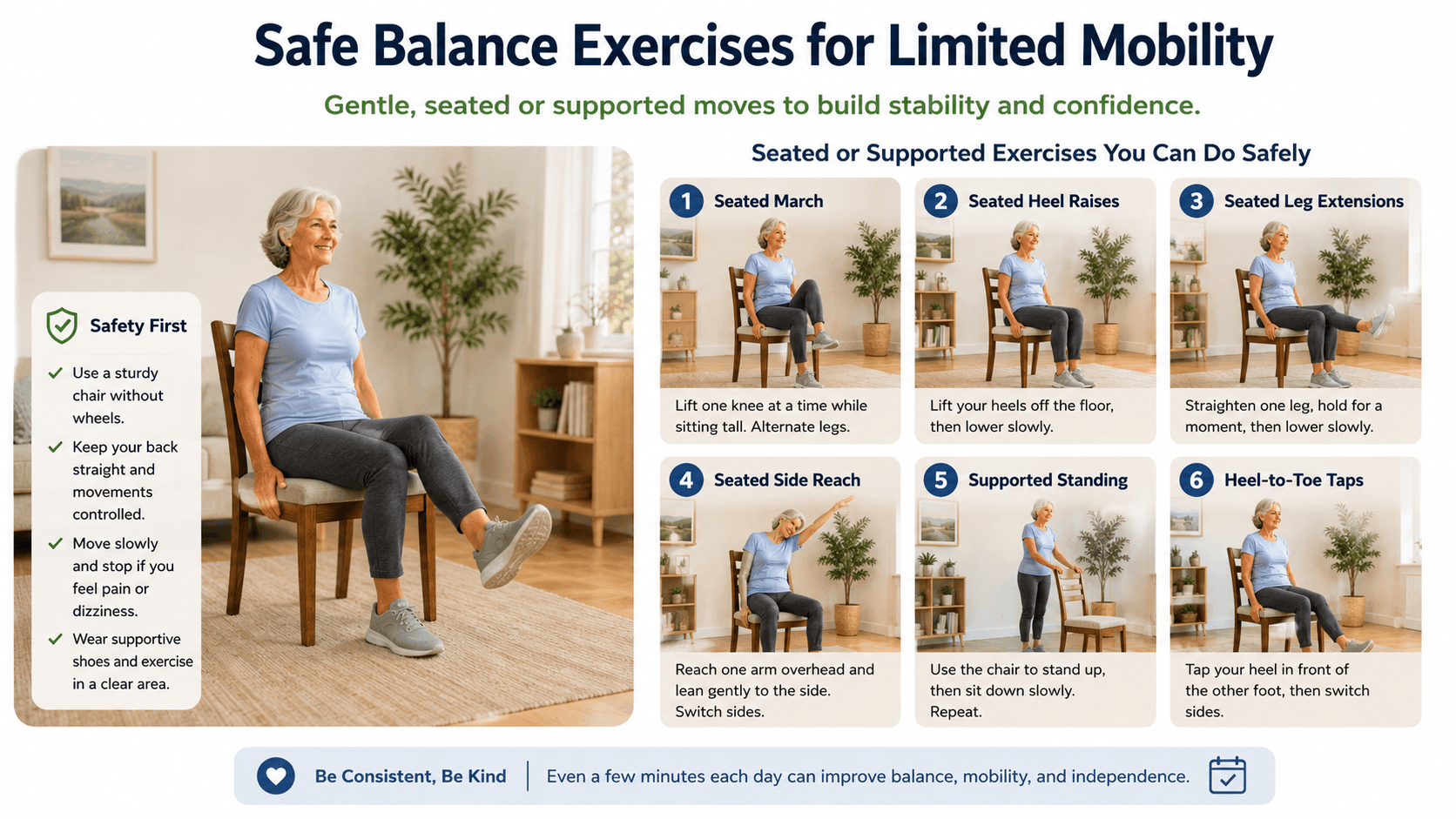 Balance exercises for seniors with limited mobility using a sturdy chair