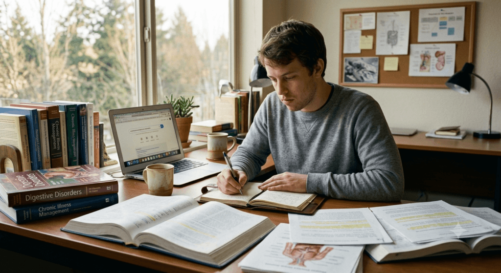 Person researching IBS treatments and digestive health information on a laptop surrounded by medical notes.
