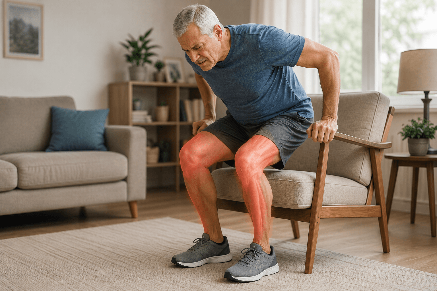 Older adult man struggling to rise from a chair, illustrating reduced leg strength as a possible symptom of sarcopenia.