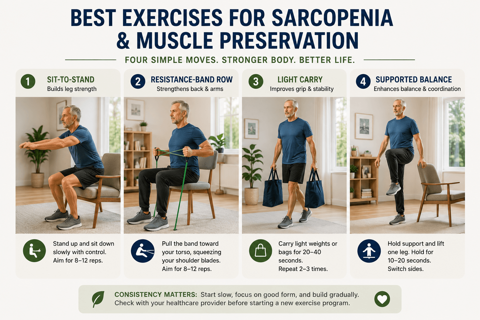 Older adults demonstrating strength, mobility, and balance exercises that can help preserve muscle and physical function.