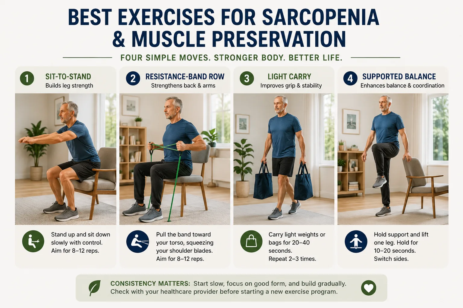 Older adults demonstrating strength, mobility, and balance exercises that can help preserve muscle and physical function.