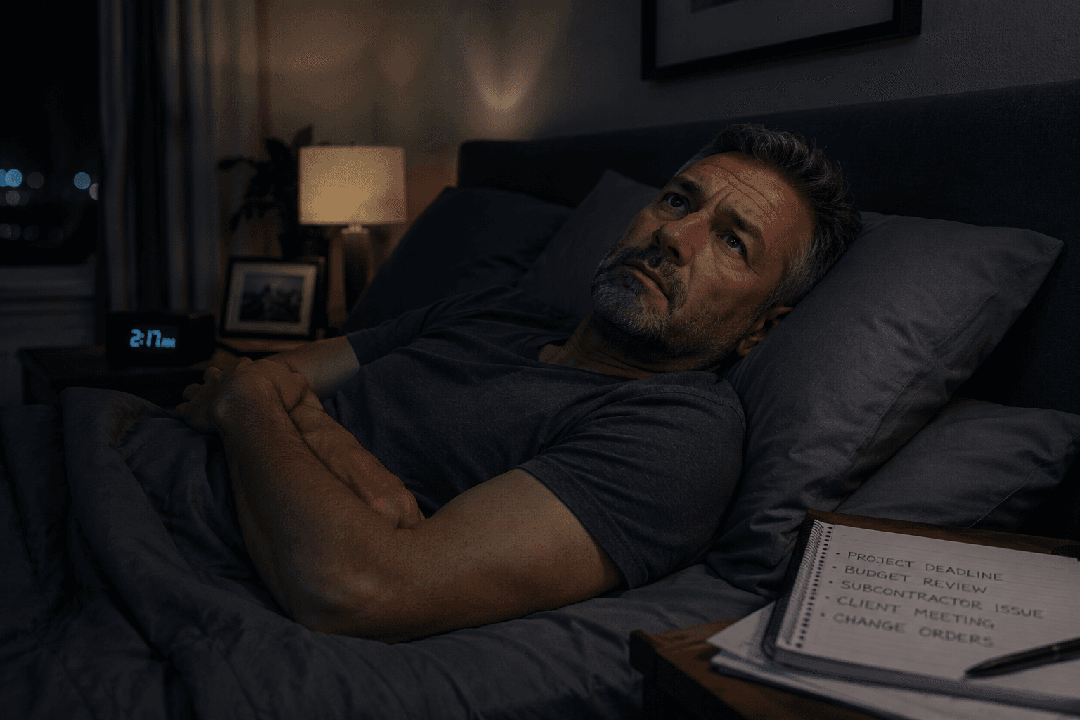 Middle-aged man lying awake at night while struggling to switch off from work stress