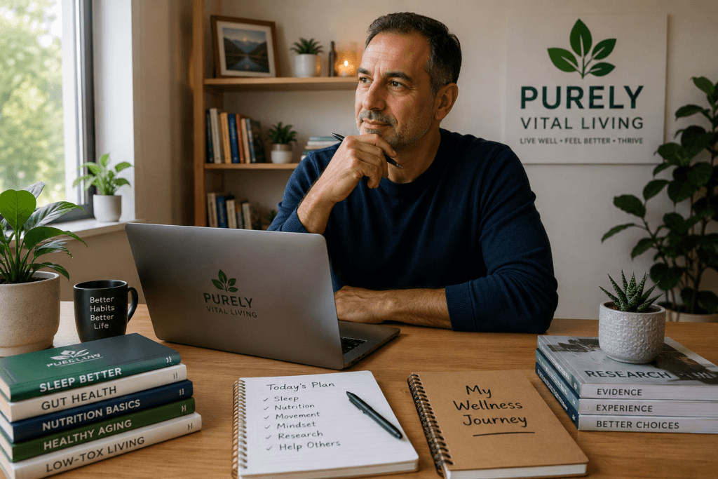 Founder of Purely Vital Living reflecting on his wellness lifestyle journey