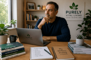 Founder of Purely Vital Living reflecting on his wellness lifestyle journey