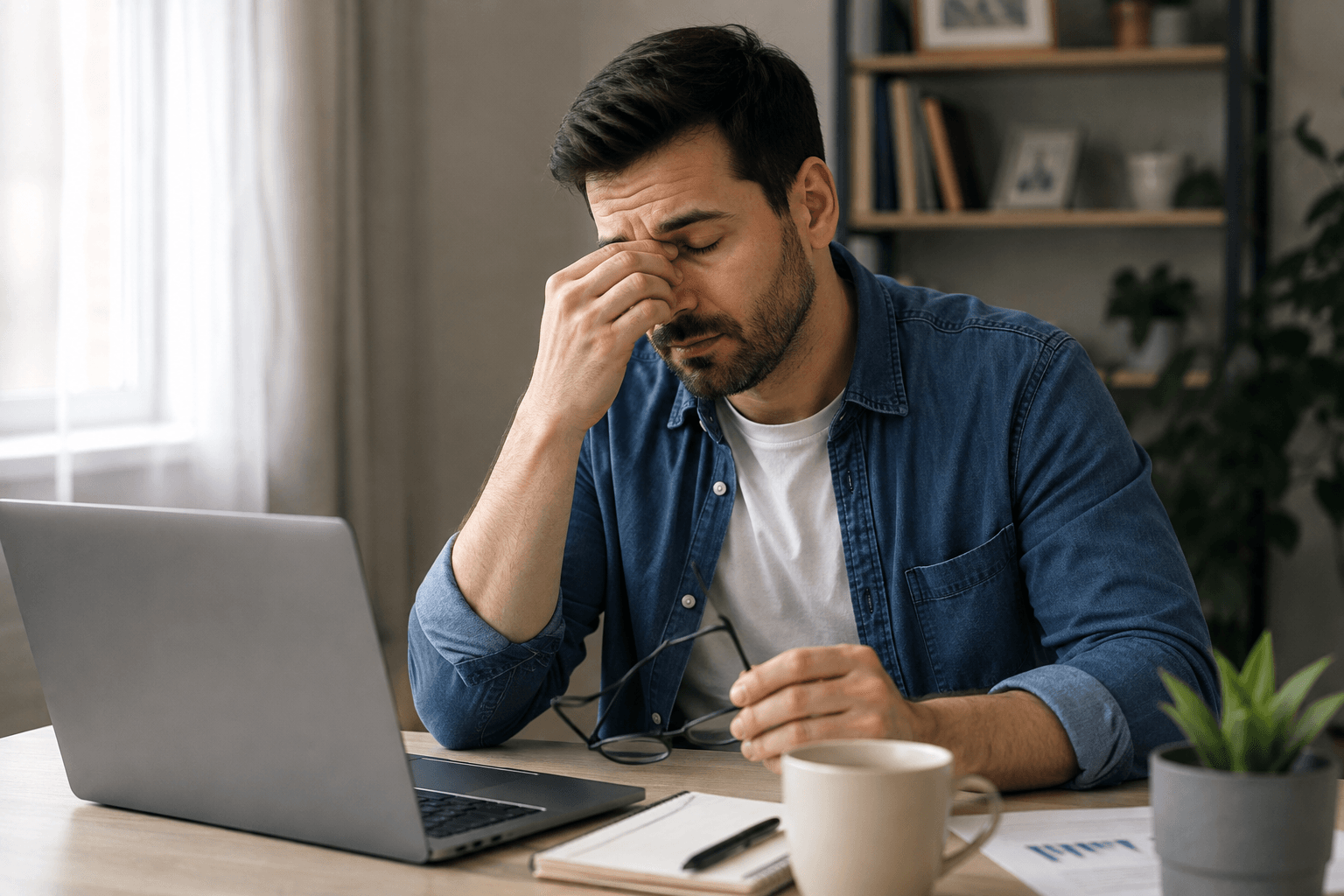 Adult man looking tired and fatigued while working at a desk, illustrating persistent fatigue that sleep does not fix.