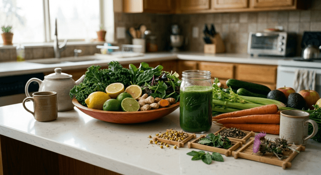 Healthy detox foods, fresh vegetables, herbal tea, and juice representing early attempts to improve gut health.