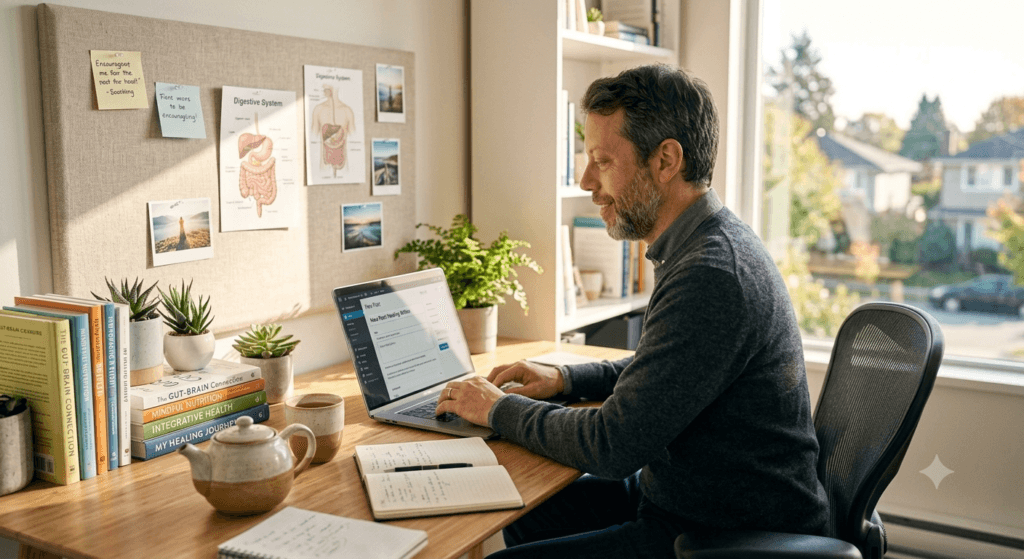Wellness writer working in a bright home office creating evidence-based health content.
