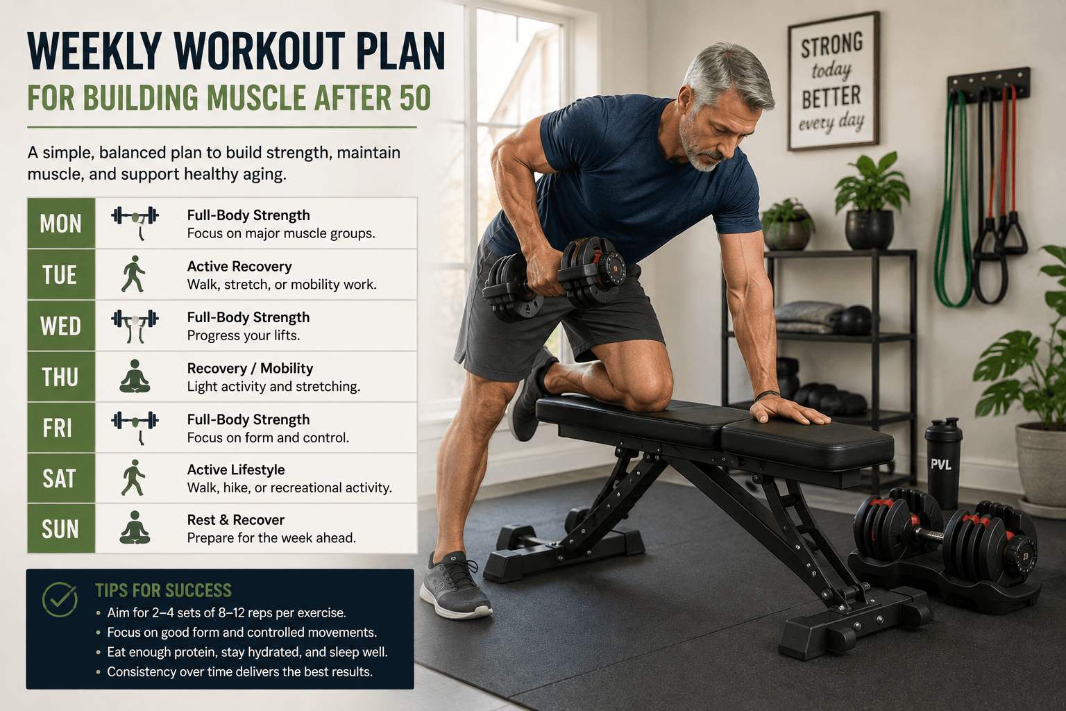 Weekly home workout plan for building muscle after 50