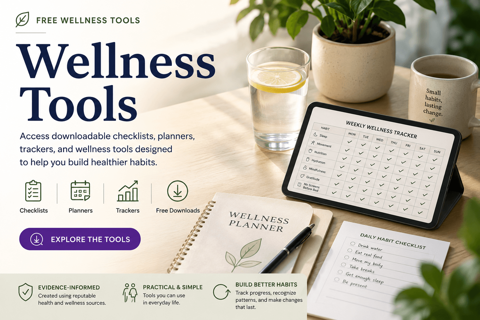 Wellness Tools hero featuring printable checklists, planners, trackers, and healthy habit resources