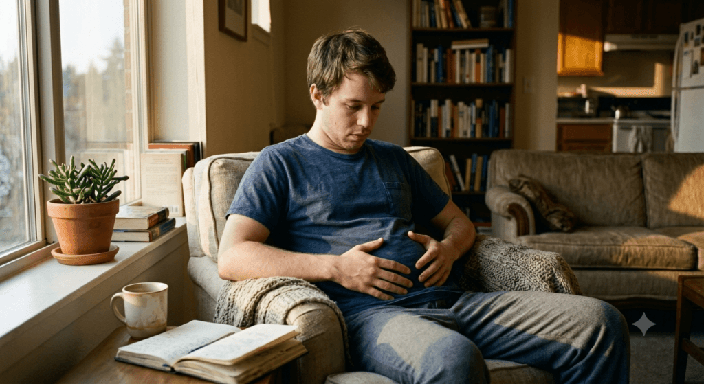 Adult experiencing abdominal bloating at home during the beginning of a chronic IBS journey.