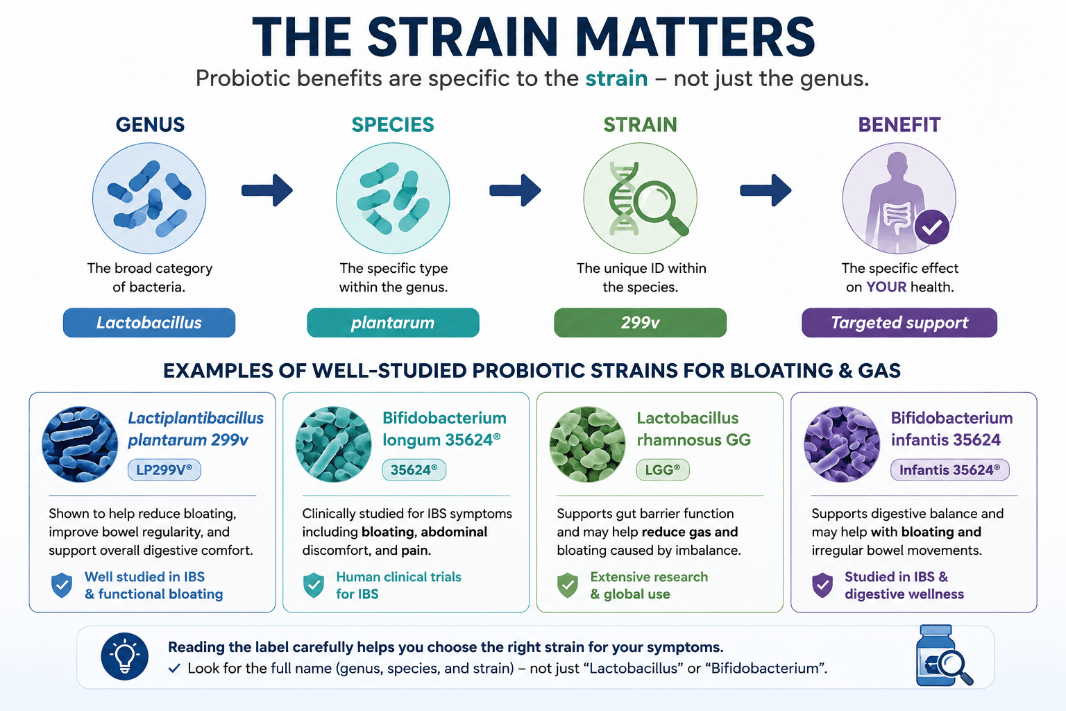 Probiotic strains studied for bloating and gas, showing why genus, species, and exact strain matter