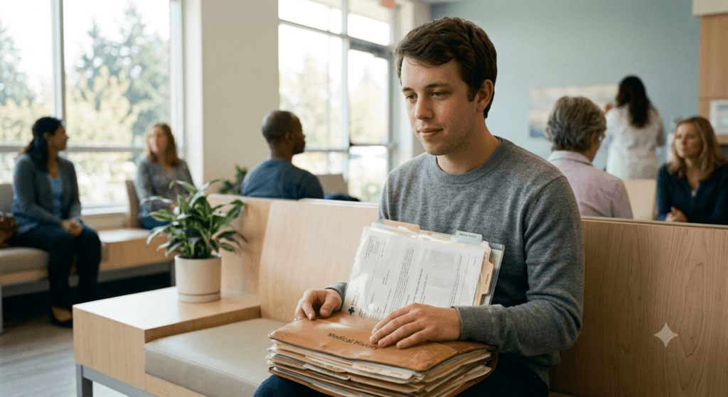 Patient holding medical reports while waiting for digestive health testing in a clinic.