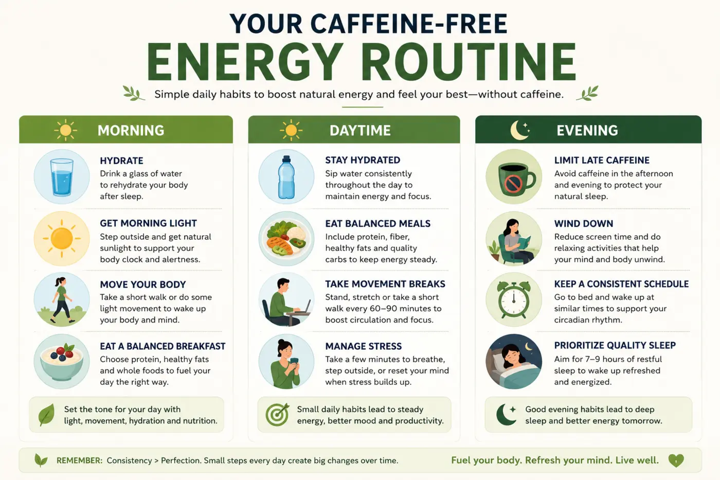 Simple caffeine-free daily routine for natural energy