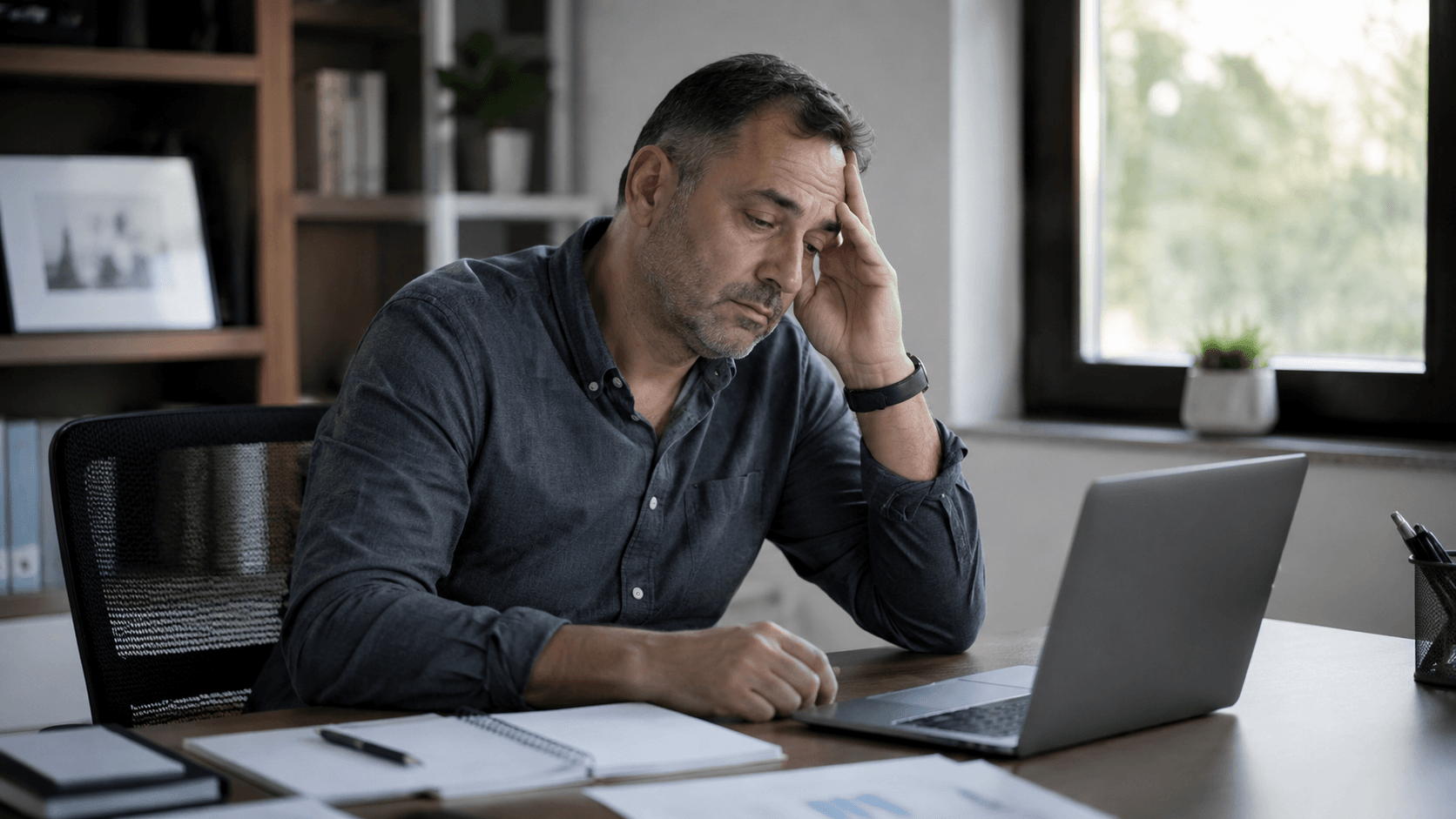 Middle-aged man struggling with excessive daytime sleepiness while working