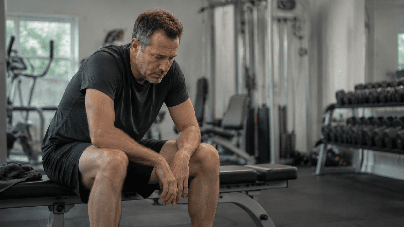 Middle-aged man sitting exhausted on a gym bench after exercise