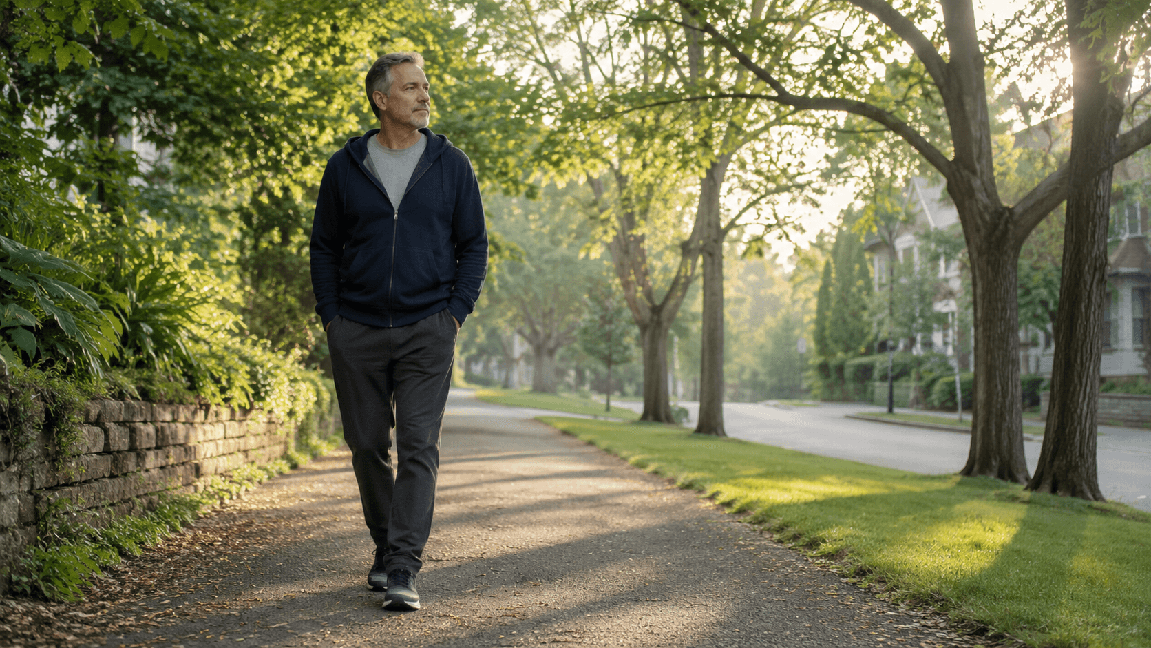 Middle-aged man taking a gentle morning walk to help manage fatigue