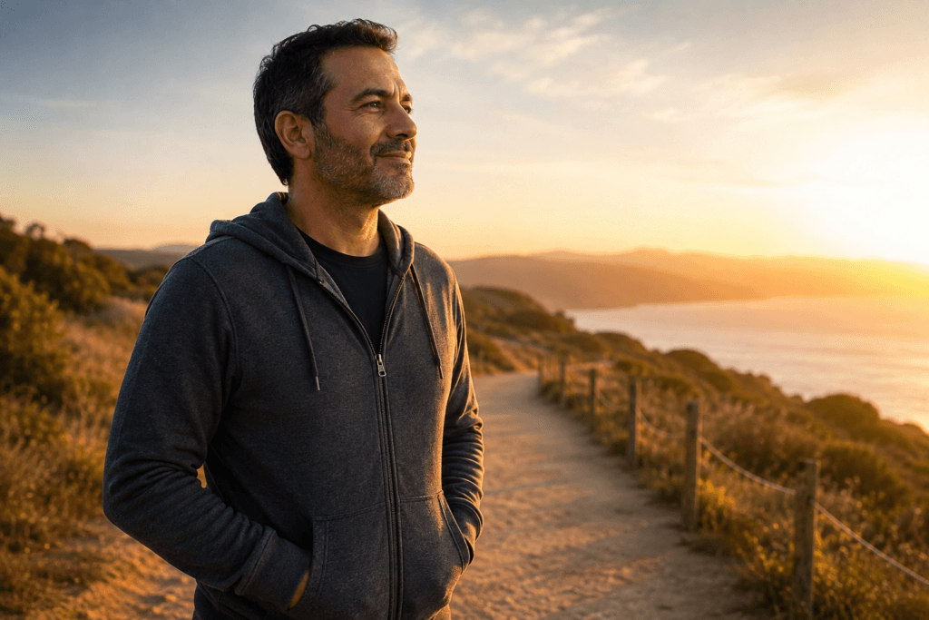 Middle-aged man walking peacefully at sunrise, symbolizing hope and resilience after years of chronic illness.