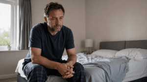 Tired man sitting on the edge of a bed with chronic fatigue